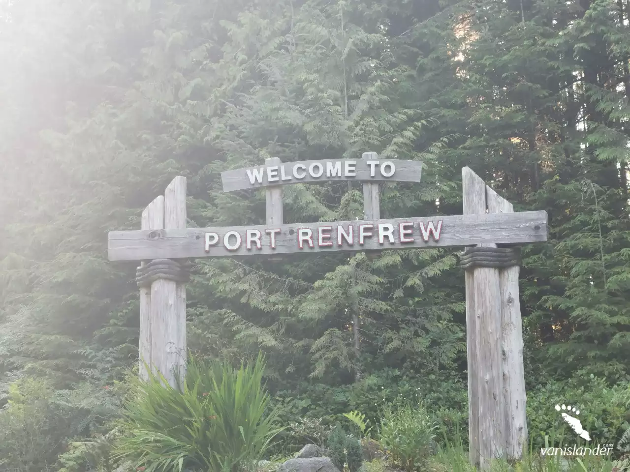 Port Renfrew welcome board, Vancouver Island